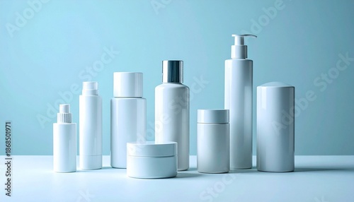 "Show a collection of white cosmetic containers—pump bottles, squeeze tubes, jars—on neutral background with minimalist design."