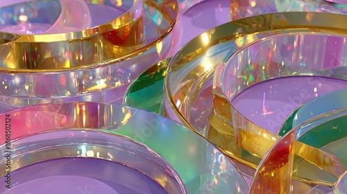 Abstract close-up of overlapping iridescent and golden rings on a soft purple surface