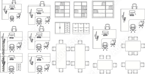 Architectural office layout sketch with desks, chairs and storage, a technical blueprint of office workspace.