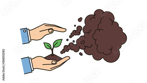 Protecting nature and plant from air pollution illustration. Hands shielding seedling from brown smoke cloud