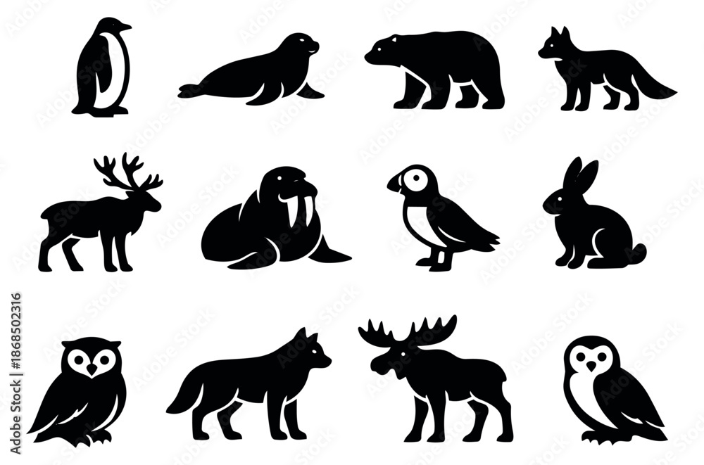 Obraz premium Minimalist silhouette icon arctic animals set featuring polar bears, penguins, seals, and moose for wildlife themes
