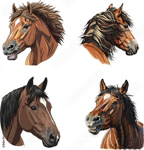 Collection of Horse Head Portraits in Different Colors and Expressions Realistic Animal Illustrations , Generative Ai