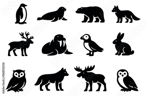Minimalist silhouette icon arctic animals set featuring polar bears, penguins, seals, and moose for wildlife themes