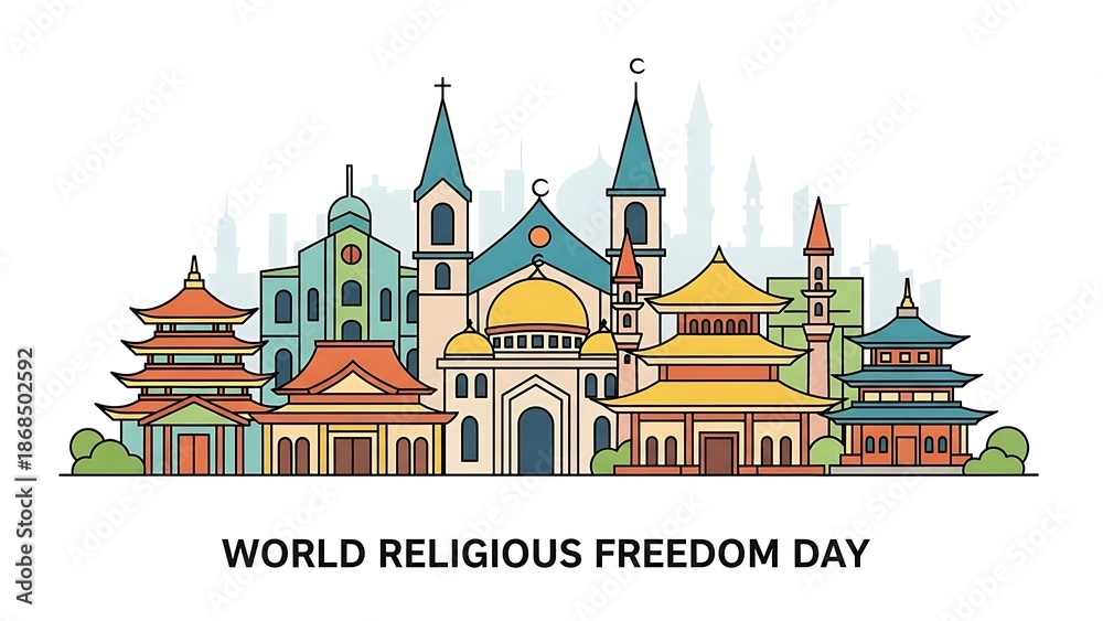 Obraz premium World Religious Freedom Day Skyline Diverse Places of Worship.