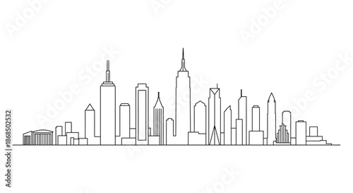 Detailed skyline drawing of a city with prominent skyscrapers a striking silhouette