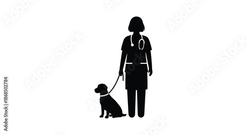 Woman walking her dog on a leash a simple black and white silhouette
