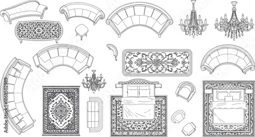 Elegant collection of interior design elements, showcasing a top-down view of classic furniture pieces. The collection includes a variety of sofas, rugs, chandelier, bed, and decorative items. 