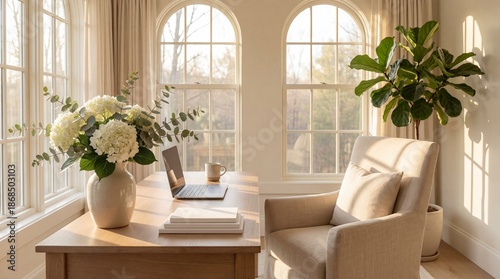 Sunlit Home Office with Desk, Laptop, and Floral Arrangement in a Relaxing Atmosphere