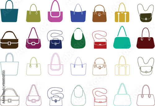 Women handbag icons set collection with purse bag tote clutch shoulder styles in flat and line design, fashion accessory outline illustration group for shopping retail UI branding