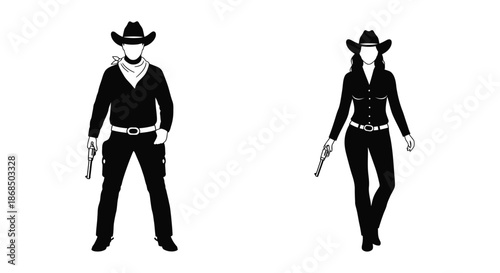 A striking pair of western figures depicted in a detailed black silhouette