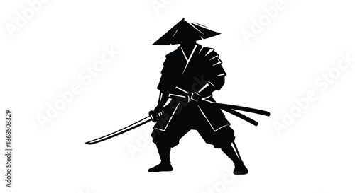 A striking image of a samurai warrior with a traditional conical hat silhouette