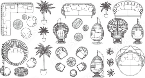 An exquisite overhead perspective of outdoor furniture, meticulously presented in elegant line art, offering a detailed glimpse of seating options.