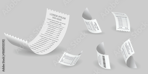 High-quality 3D rendered illustration featuring a set of floating and curled paper receipts, designed as a realistic thermal bill mockup. 