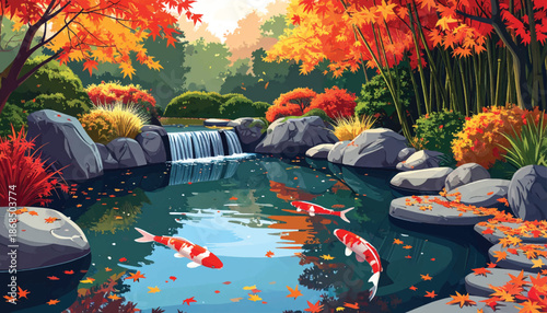 Koi river waterfall panorama for wellness branding backgrounds. Autumn garden stream scene ideal for calming app wallpapers. Serene fish waterscape perfect for spa brochure design use