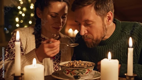 Couple sharing a meal with lit candles and Christmas lights