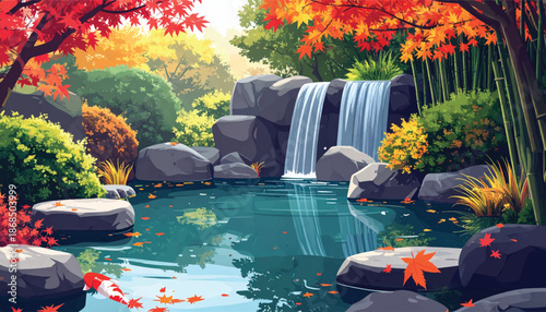 Autumn waterfall pool scene for luxury travel marketing visuals. Vibrant maple garden landscape ideal for seasonal brand promos. Cinematic forest oasis perfect for premium resort advertising