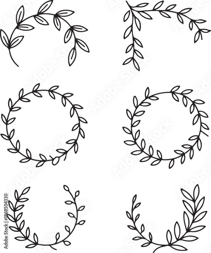 Collection of six hand drawn leaf wreaths in various styles