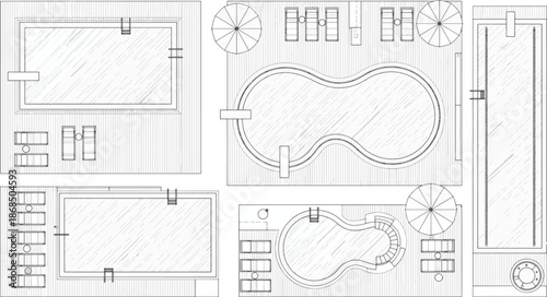 A collection of pool sketches, showcasing a variety of designs and architectural concepts, perfect for visualizing layouts and imagining outdoor spaces.