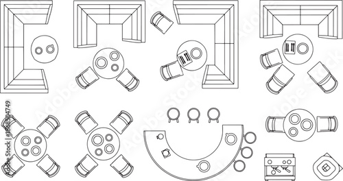 An intricate overhead view showcases various furniture arrangements, offering a unique perspective on interior design concepts in a detailed sketch.