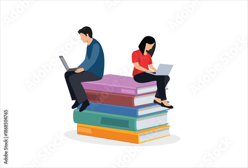 icon logo sign Man and woman studying together Couple sitting on books with laptop computers learning and educating themselves. Flat design vector illustration with white background