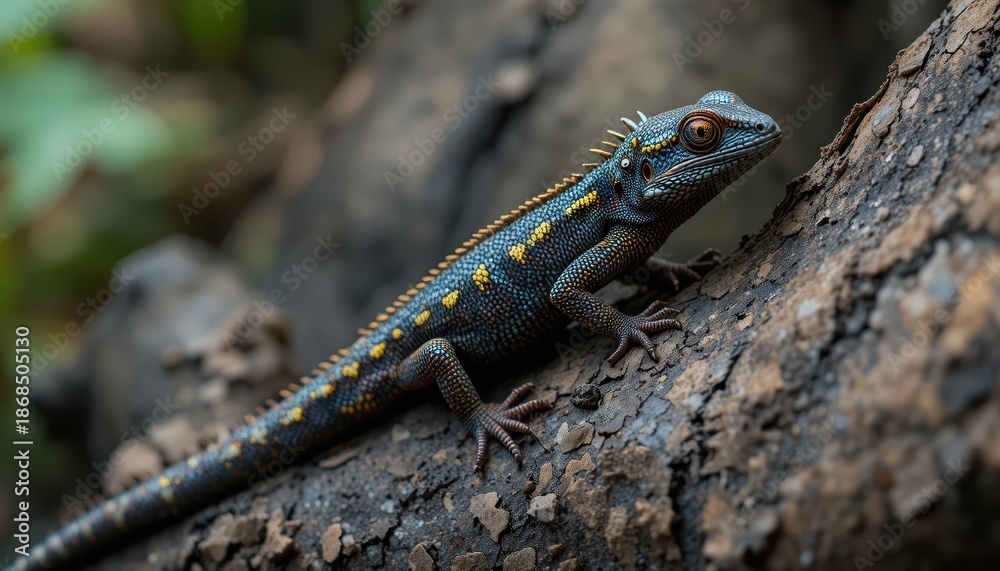 Fototapeta premium Colorful Lizard Perched on a Branch in a Tropical Forest Environment with Rich Foliage