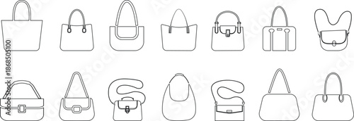 Women handbag icons set collection with purse bag tote clutch shoulder styles in flat and line design, fashion accessory outline illustration group for shopping retail UI branding
