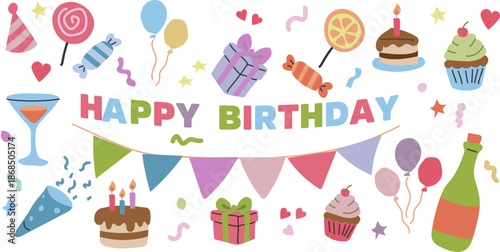 Flat pastel vector set of birthday party elements — cake, cupcakes, balloons, gifts, bunting, candies, champagne and festive icons for cards, invitations and celebration designs.