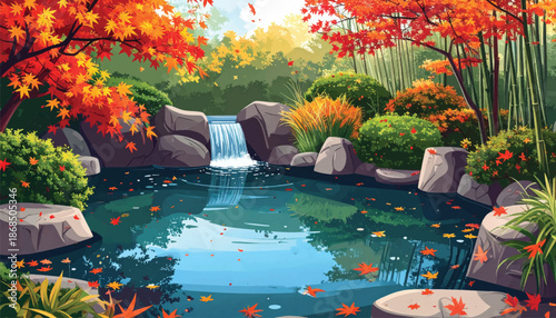 Autumn waterfall pond scene for premium travel marketing. Vibrant maple garden landscape ideal for seasonal promos. Cinematic nature oasis perfect for luxury brand visuals