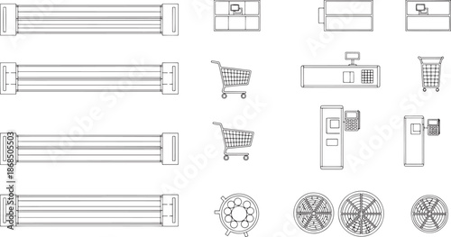 A collection of detailed line drawings, a modern set of minimalist commercial icons.
