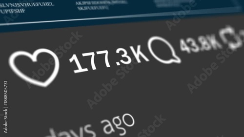 Hit like on post in social network on smartphone screen, animation of increasing number of likes, comments and reposts icons, footage.