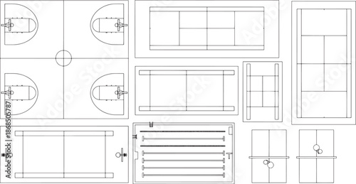 A comprehensive, detailed collection of various sports courts and fields, ideal for design or educational purposes. Featuring clear, line-drawn depictions of courts for basketball, tennis, badminton.