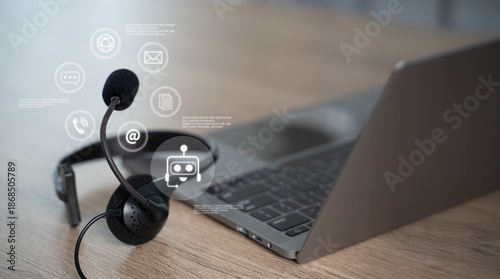 Foto Customer support headset on desk with laptop and online chat interface, help desk communication and AI chatbot service concept for business technology in modern office, copy space
