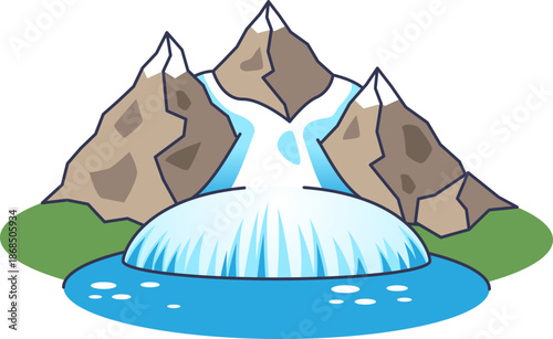 Stylized illustration of a valley glacier flowing from snow-capped peaks into a glacial lake. Represents natural erosion, climate change, and pristine alpine ecosystems.