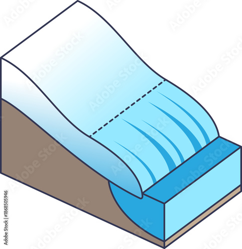 Isometric diagram of a glacier's ablation zone. Shows ice melting on a slope into water, illustrating the critical balance of glacial mass loss and environmental climate change impacts.