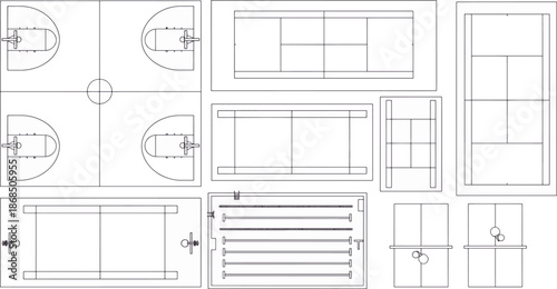 An overhead view of various sports courts with precise lines, showcasing detailed layouts for basketball, tennis, swimming, and more.