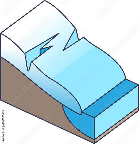 Isometric diagram of a glacier featuring a deep crevasse on a slope. It illustrates ice movement, glacial dynamics, and geological hazards in polar or alpine environments.