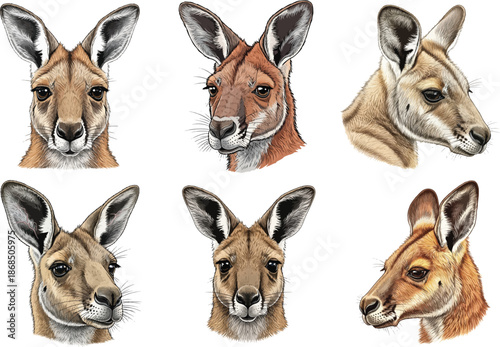 Set of Kangaroo Head Illustrations Detailed Australian Wildlife Animal Portraits Isolated , Generative Ai