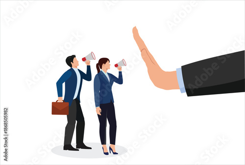 Freedom of speech, employee demo, listening to employees opinion, or inequality concept, company employee people shouting with megaphone to executive management big rejection.