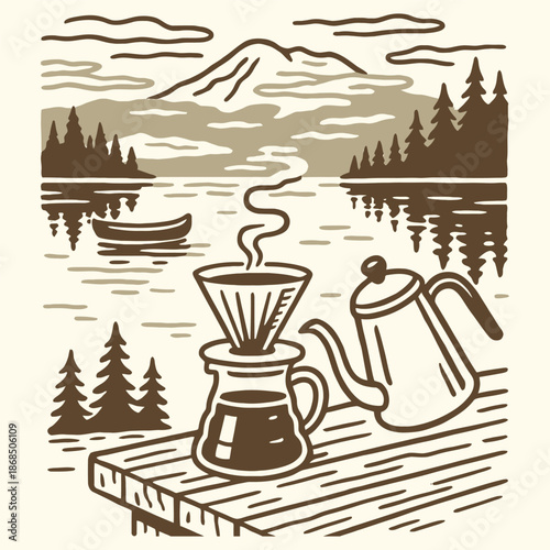 Vintage Pour Over Coffee Camping Illustration with Mountain Lake View