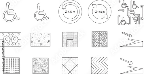 A set of universally recognizable accessibility icons, designed in a clean, minimalist style, emphasizing inclusivity and ease of understanding for all.