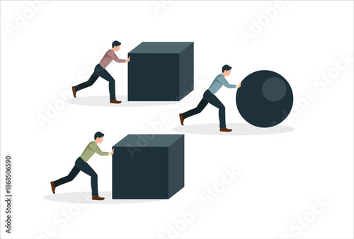 icon work design Business concept cartoon of a businessman pushing a sphere leading the race against a group of slower businessmen pushing boxes. Winning strategy, efficiency, innovation in business c
