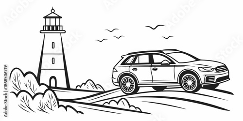 Coastal journey by car featuring a lighthouse and scenic landscape on a clear day