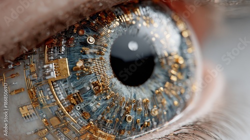 Close-up shot of a human eye with integrated gold and silver electronic circuits. Ideal to illustrate concepts like AI, cybernetics or transhumanism themes.