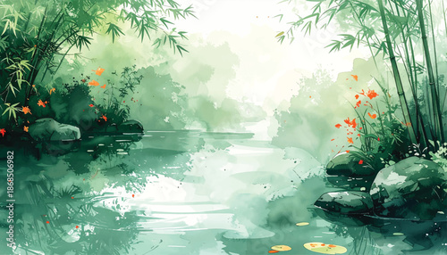 Misty bamboo river background for corporate wellness ads. Minimal waterway scenery ideal for meditation websites. Quiet nature landscape perfect for calming video overlays