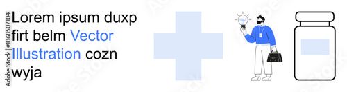 Healthcare, innovation, prevention, pharmacy, medical ideas, and safety. Cross symbol, doctor holding a light bulb and medicine bottle. Healthcare and innovation concept