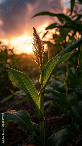 Young corn plant tassel illuminated by bright evening sunlight filtering through a field