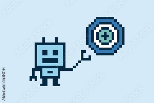 Cartoon robot ai chat bot robotic with 8 bit background toy humanoid engineer business automation cyborg pixel art.