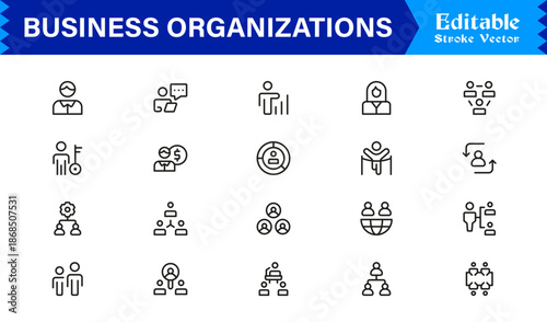 Business Organizations Line Icon Set – Professional Modern And Minimal Outline Symbols For Corporate Branding