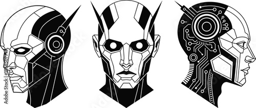 Futuristic Cyborg Robot Head Illustrations Featuring Humanoid Android Profiles With Circuitry Details, Artificial Intelligence Tech Concept Vector In Black And White