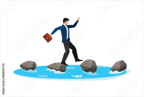icon work Stepping stones to success, progress or milestone pathway to achieve target, small step to overcome difficulty, development stages concept, confidence businessman stepping on stones across o